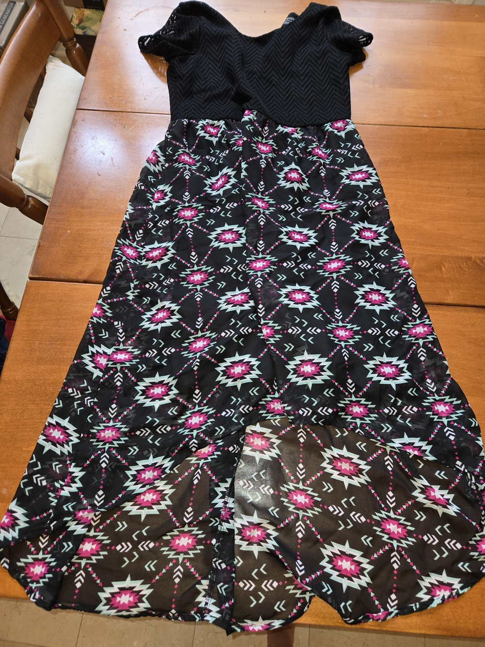 Xhilaration Black Bodice Maxi Dress with Pink & Aqua Aztec Print